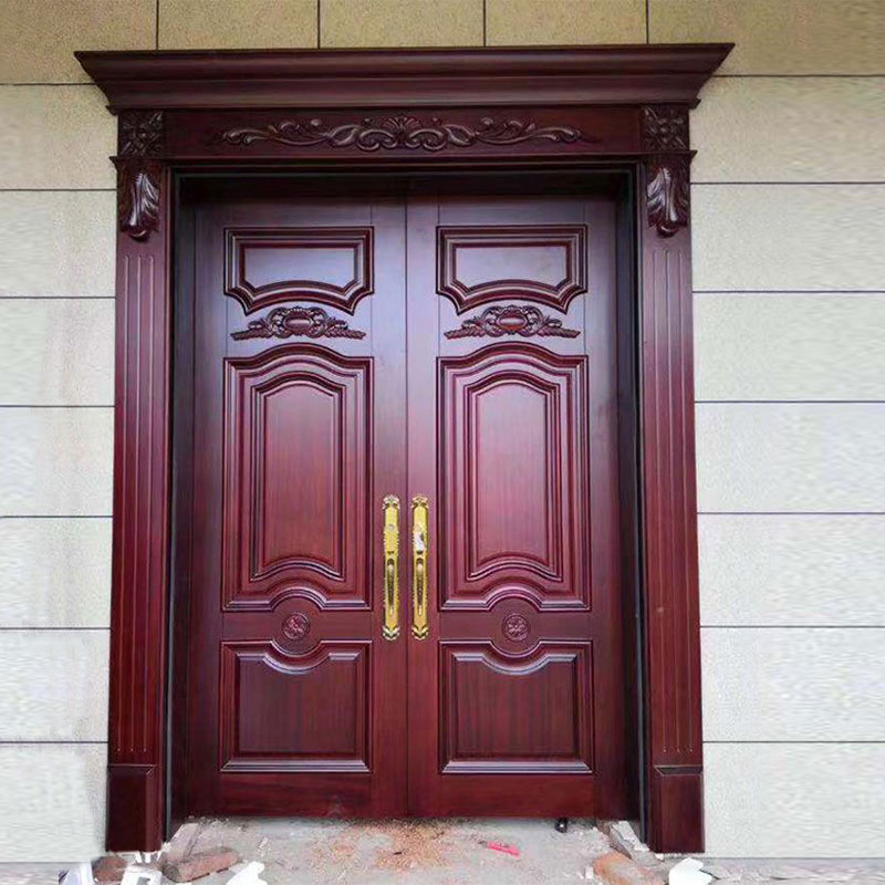 廣東佛山原木門(mén)廠家高端沙比利雙開(kāi)大門(mén)帶門(mén)頭雕花羅馬柱柚木，菠蘿格，花梨等歐帝龍品牌